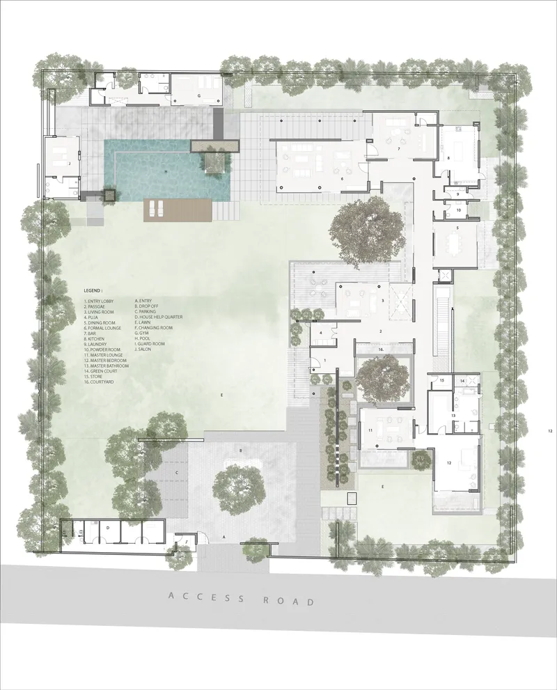 Site plan drawing showing interconnected pavilions with a swimming pool, courtyards, and mature trees throughout the landscape