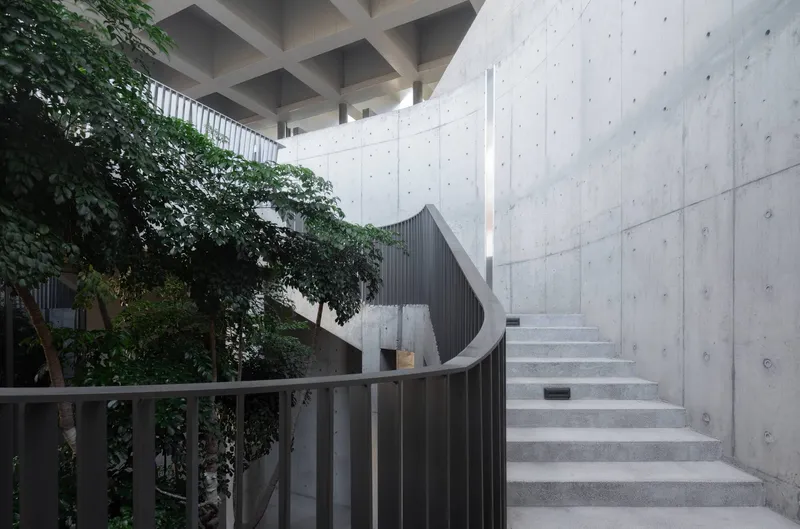Exterior concrete staircase alongside a planted courtyard with dark metal railing and mature trees