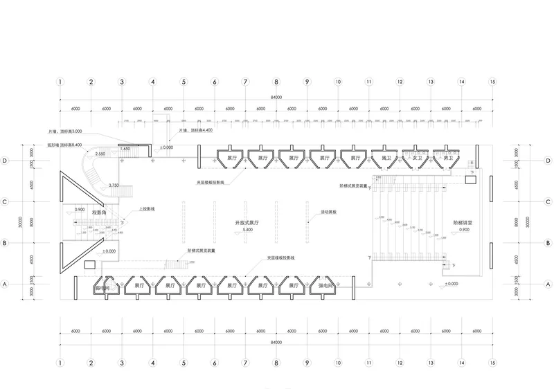 Floor plan drawing showing central hall with rows of shell-shaped roof vaults and side stairs