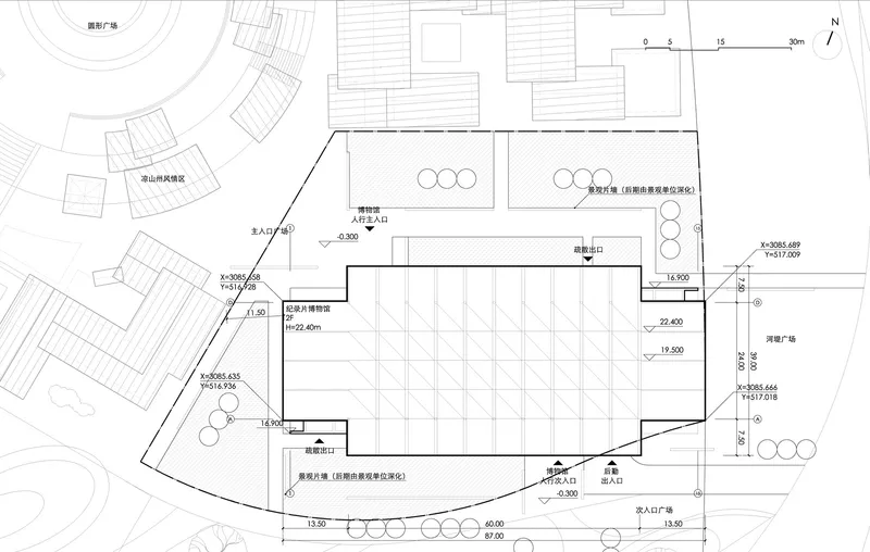 Site plan drawing indicating building footprint with gridded roof and surrounding landscape elements