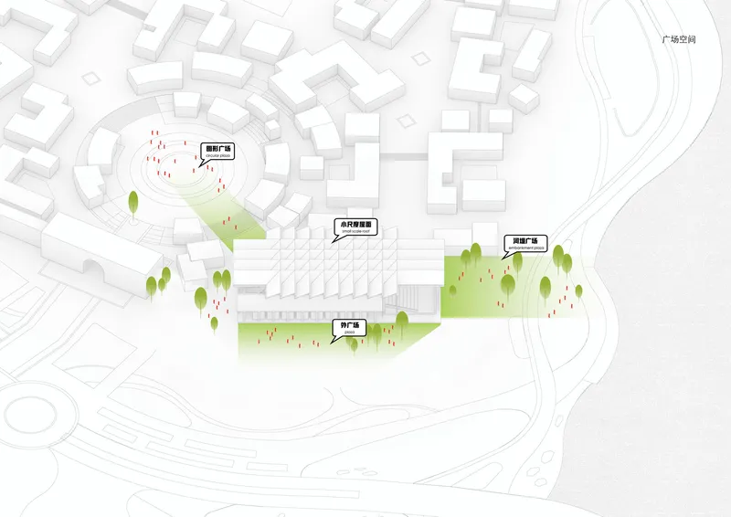 Axonometric drawing showing the site layout with green public spaces and scattered trees among white building masses