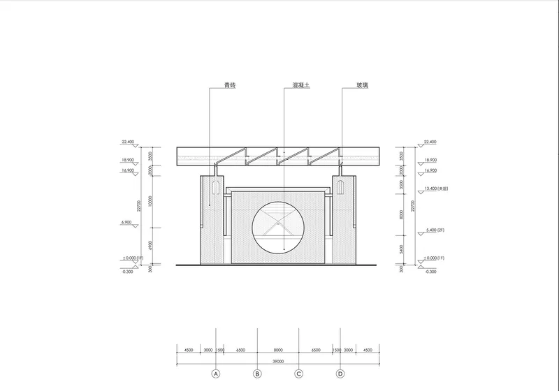 Section drawing showing a central circular opening in the wall plane with exposed structural truss above