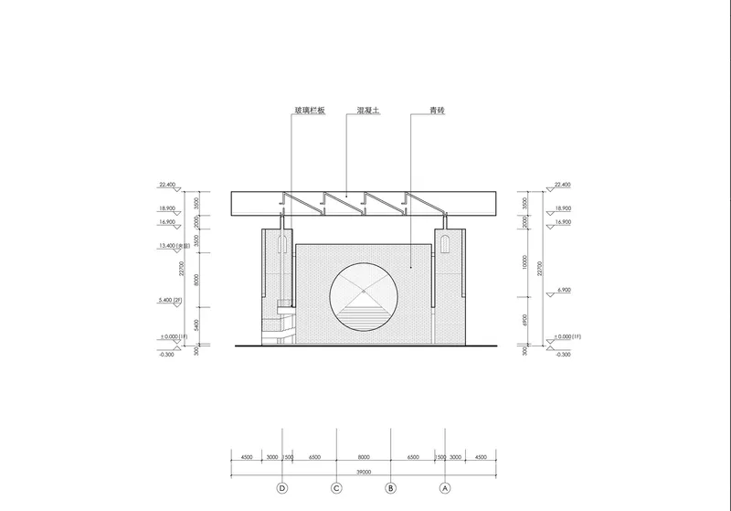 Section drawing showing the circular wall opening with a vertical column detail on the left side