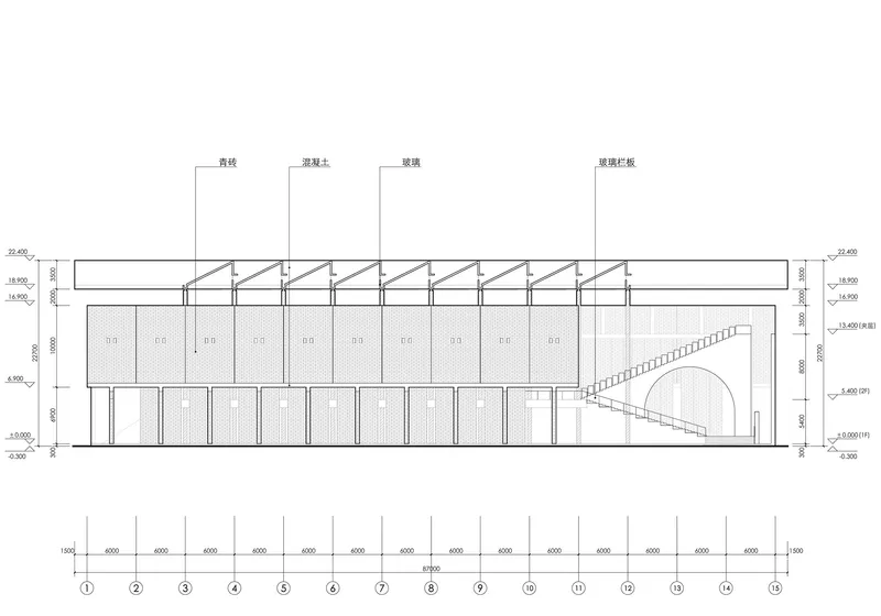 Elevation drawing showing the repetitive structural bays with an external stair on the right end