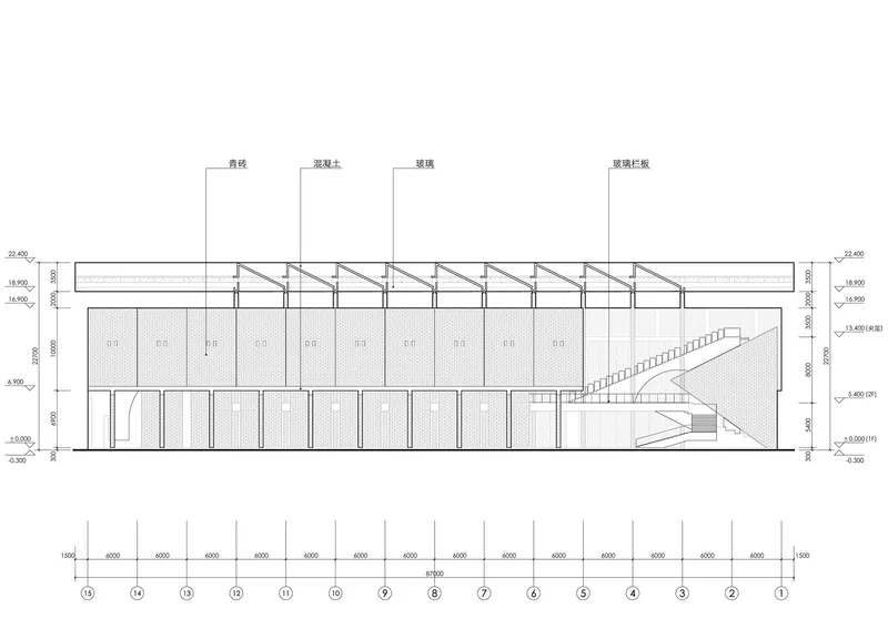Elevation drawing showing the grid of bays with the stair volume crossing diagonally at right
