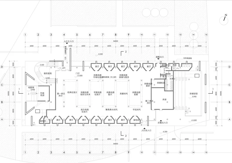 Floor plan drawing showing arched alcoves along two corridors enclosing central functional zones