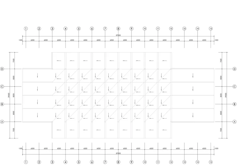 Structural floor plan showing the column grid and beam layout with dimensional annotations