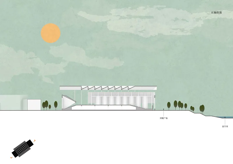 Elevation drawing depicting the sawtooth roof profile with trees and a sun illustration