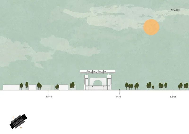 Elevation drawing showing the building with a central arched opening under an illustrated sun