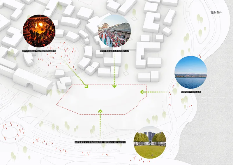 Site diagram illustrating circulation paths connecting circular inset photographs of surrounding areas