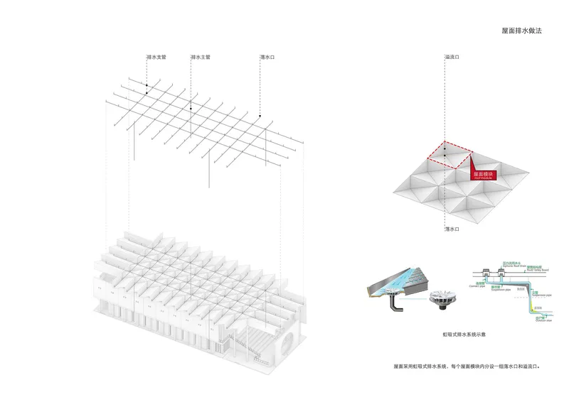 Axonometric drawing showing the roof structure assembly and water collection system diagrams