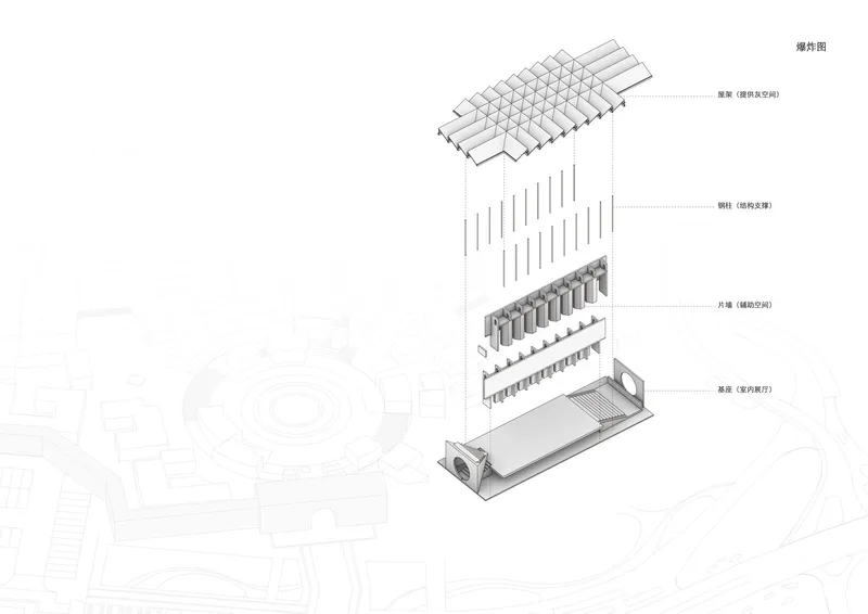 Exploded axonometric drawing illustrating the layered roof, steel frame, and base components
