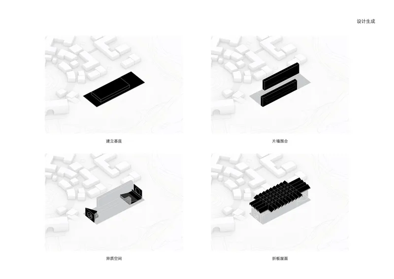 Four axonometric diagrams illustrating design development from solid volume to lifted mass to courtyard insertion to sawtooth roof