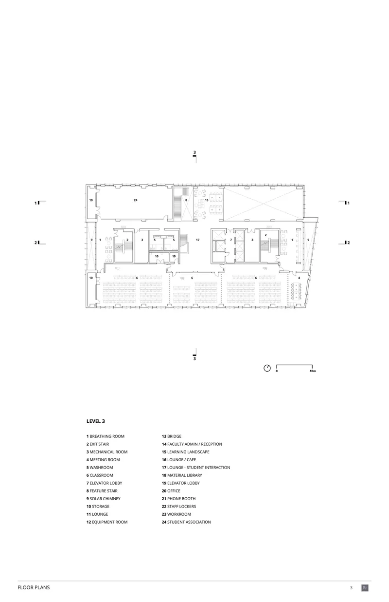 Third floor plan drawing showing bridge, stair, and open programmed areas with legend below