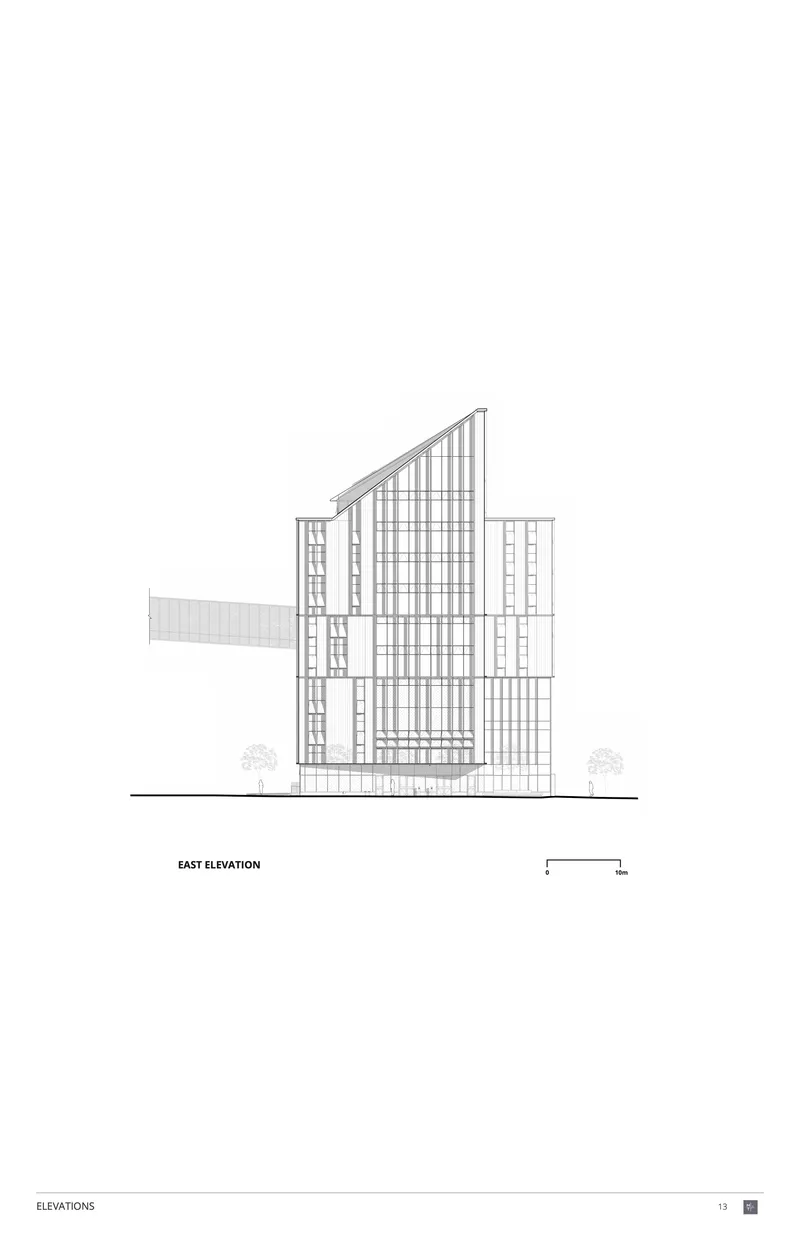 East elevation drawing showing angled roofline and glazed facade with trees flanking the building
