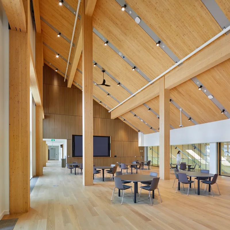 Double-height assembly hall with exposed timber columns, beams and ceiling panels under angled skylights