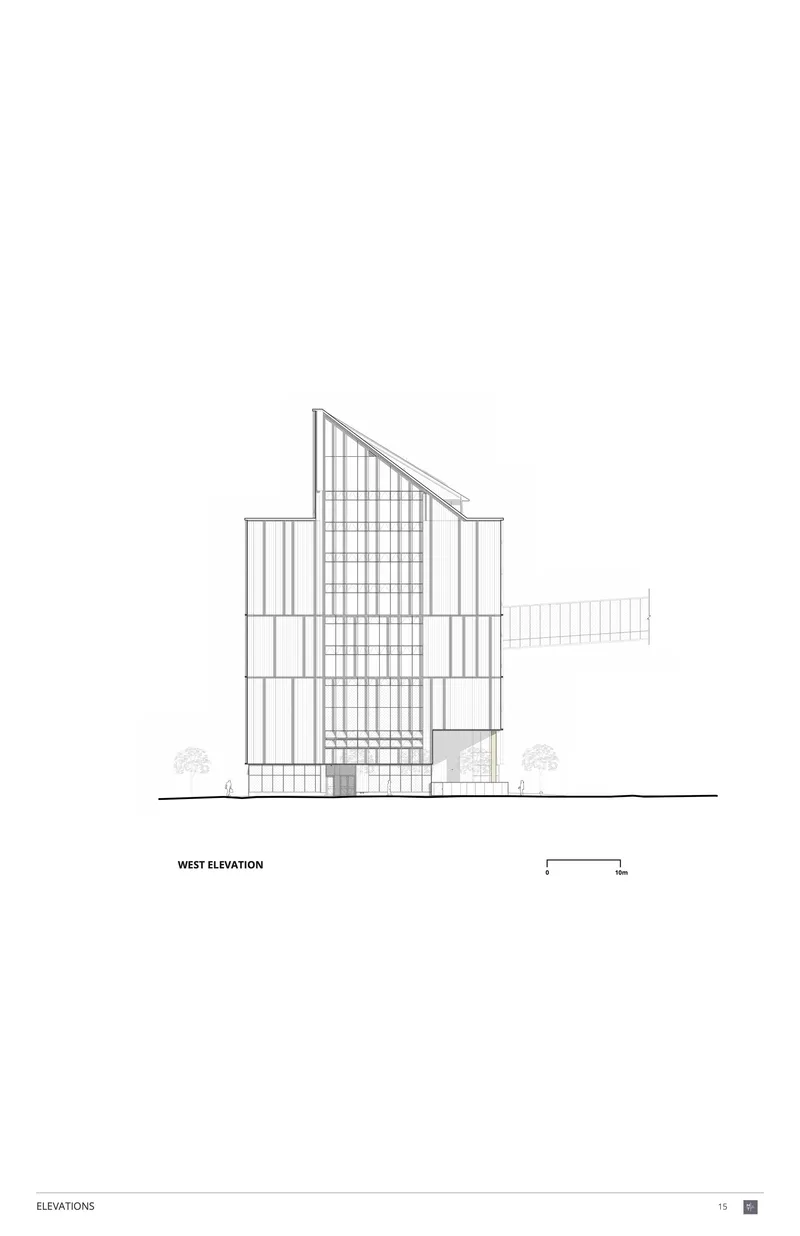 West elevation drawing showing a slanted roofline and glazed facade with vertical framing elements