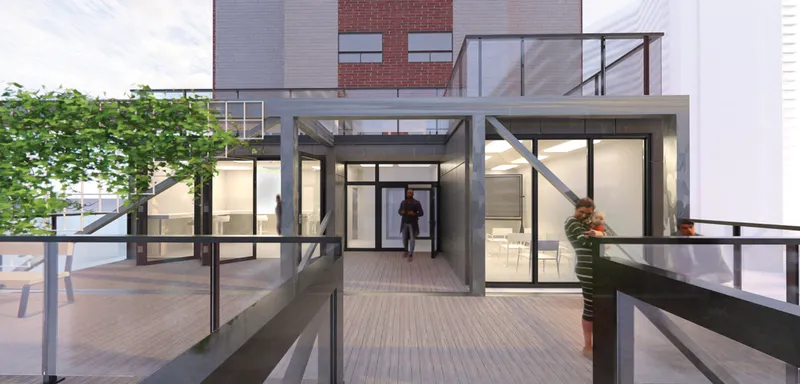 Lightweight steel-framed hub integrates greenery and shared community spaces.