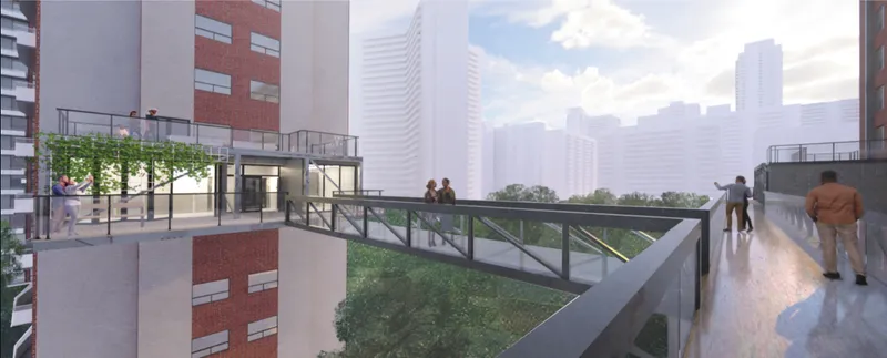 Elevated bridge connects modular hub across towers, activating unused vertical space.