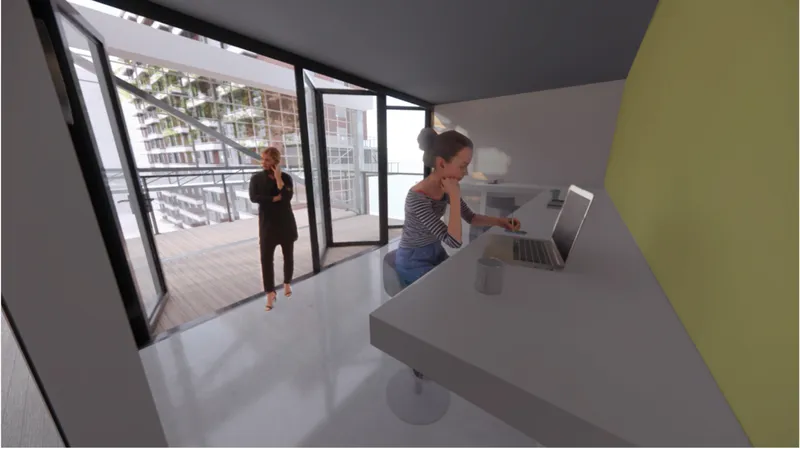 Flexible co-working interior with direct access to outdoor terrace and city views.
