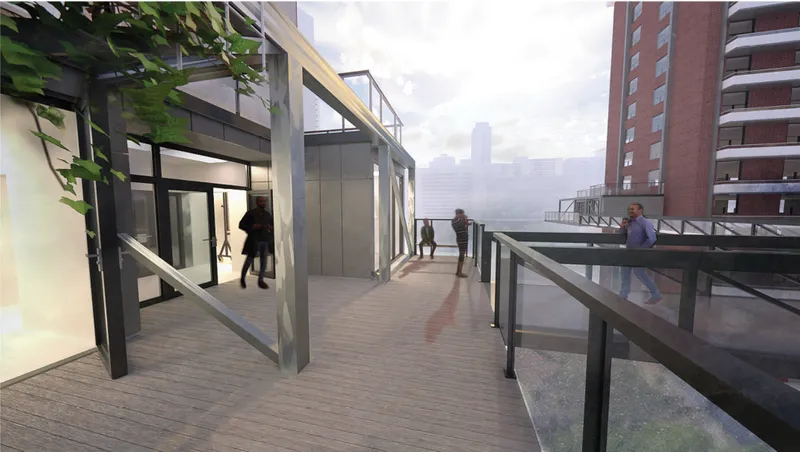 Semi-open circulation deck encourages interaction and movement between modules.