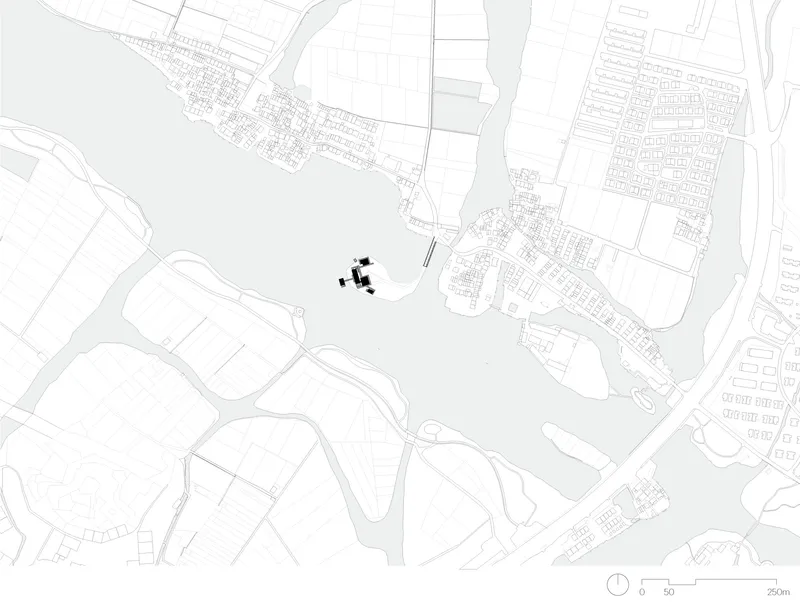 Site plan drawing showing building footprints within a curved parcel surrounded by residential neighborhoods
