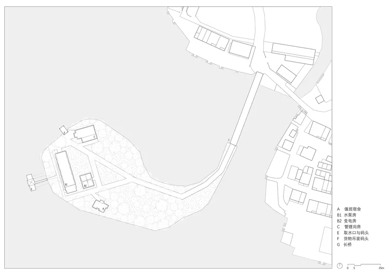 Site plan drawing showing structures on an irregular curved plot adjacent to an access road