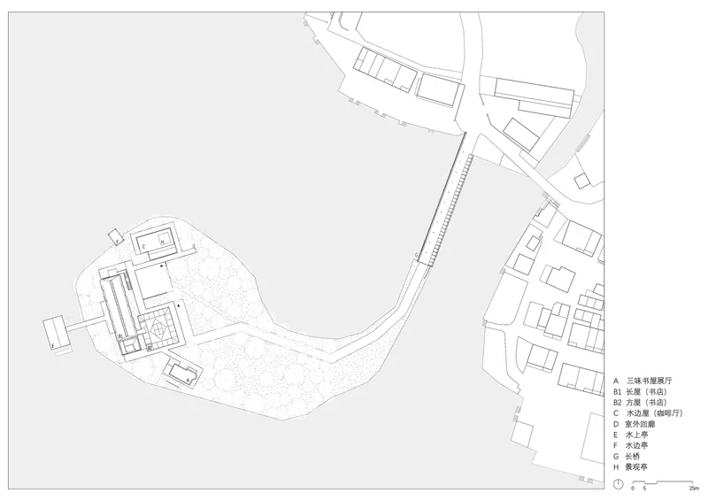Site plan drawing showing rectilinear volumes and courtyards within a curved landscaped site