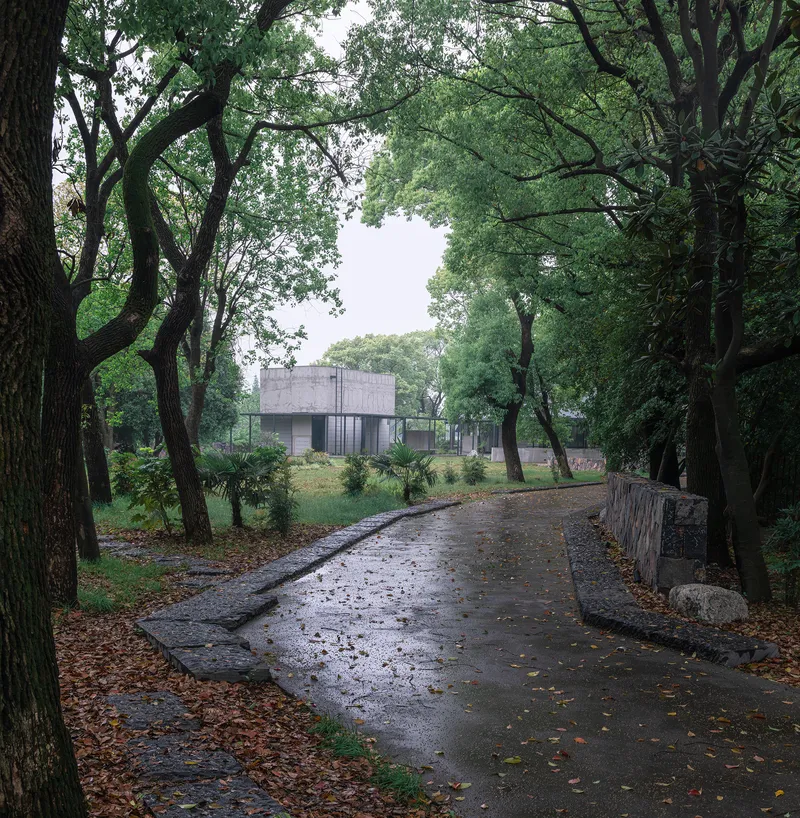 Concrete volume elevated among dense trees approached by a wet pathway with autumn leaves