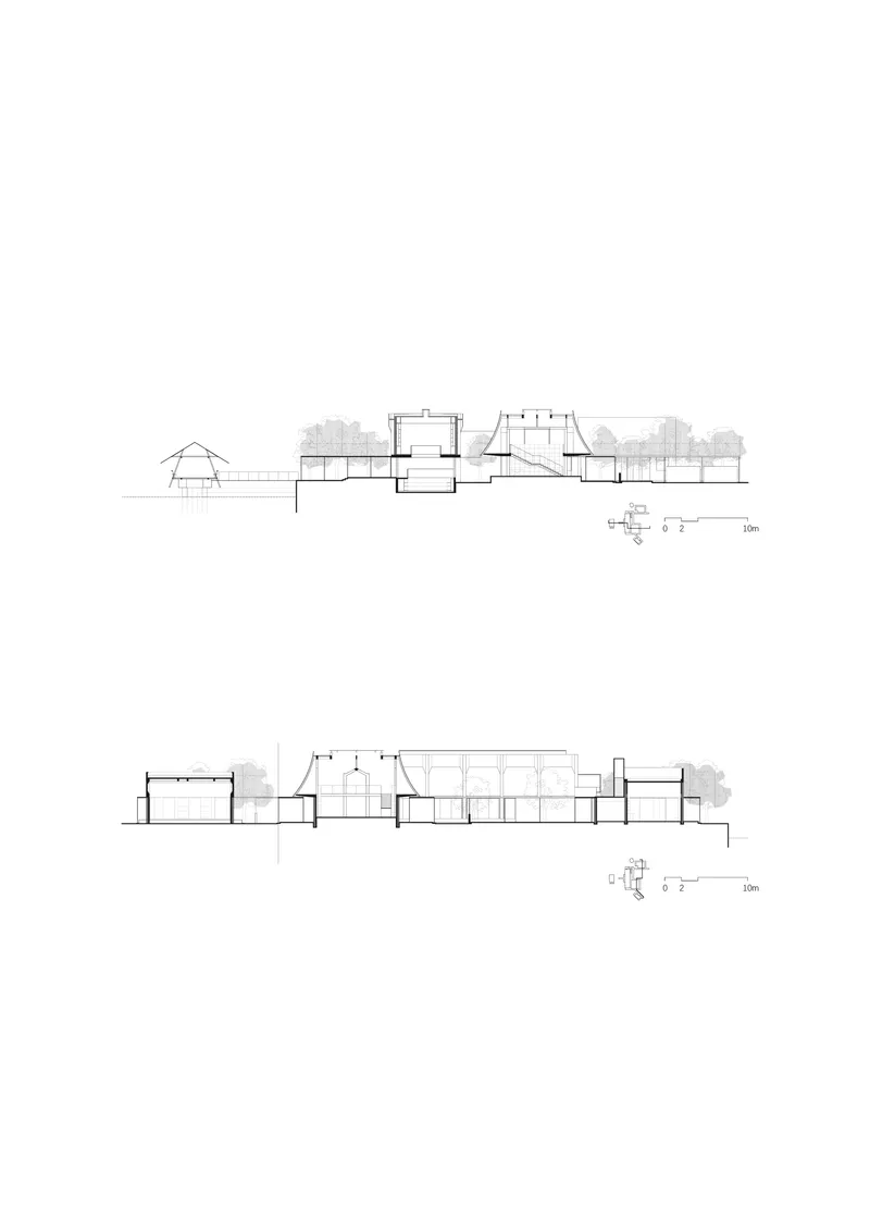 Section drawings showing two views of multi-level structures with exposed framing and landscaping