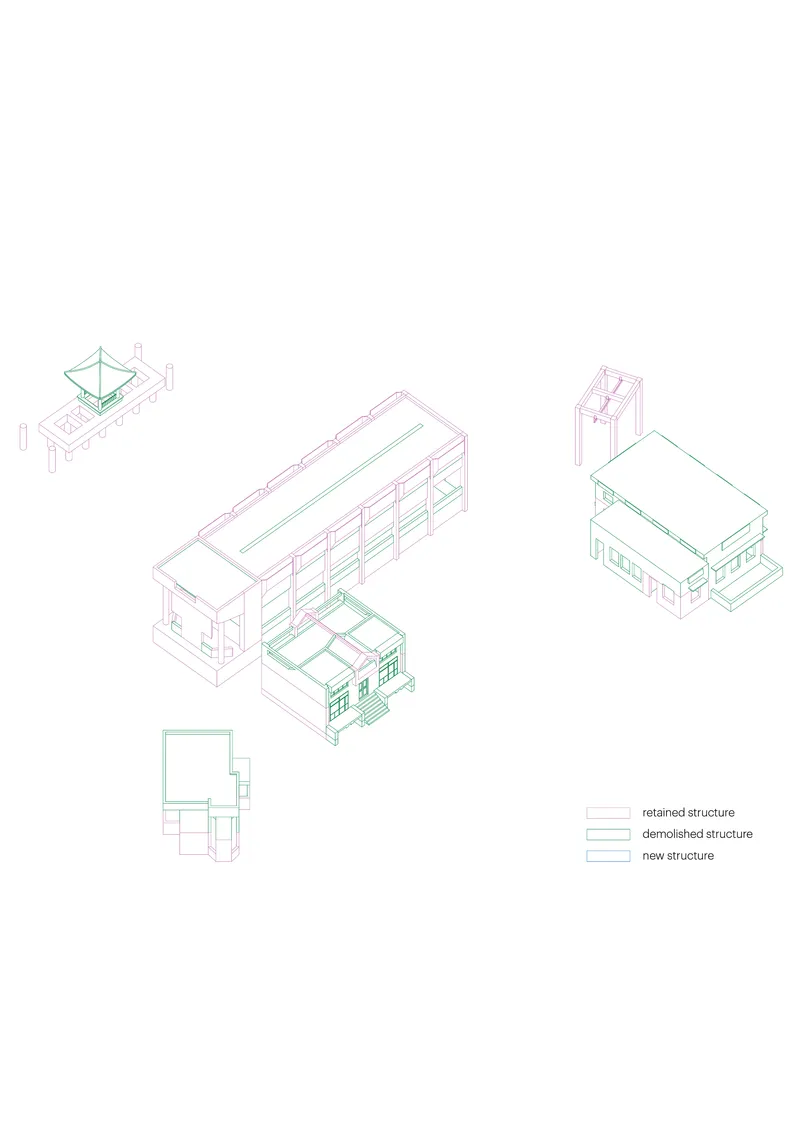 Axonometric drawing illustrating retained and new structures in color-coded outlines with detached volumes