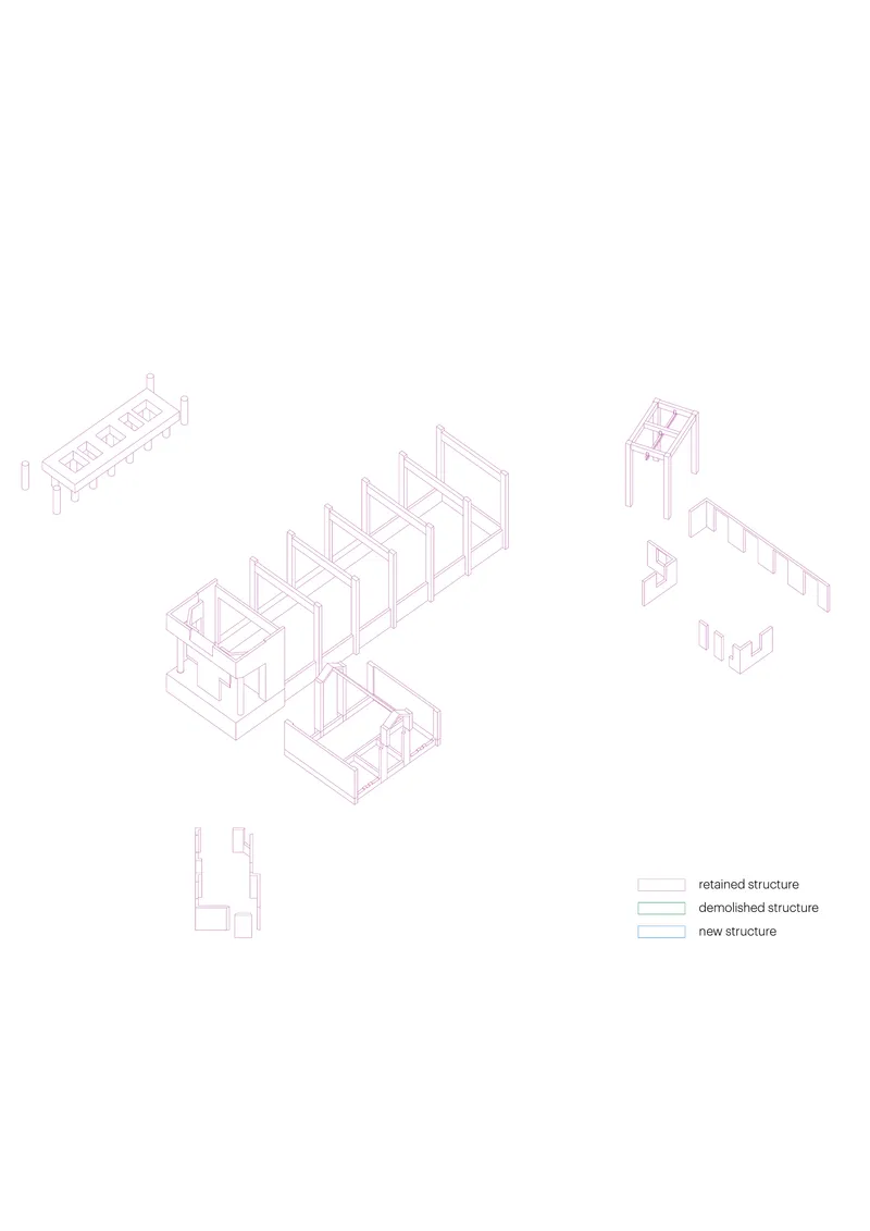Axonometric drawing showing demolished structure frameworks in purple line work with scattered building fragments