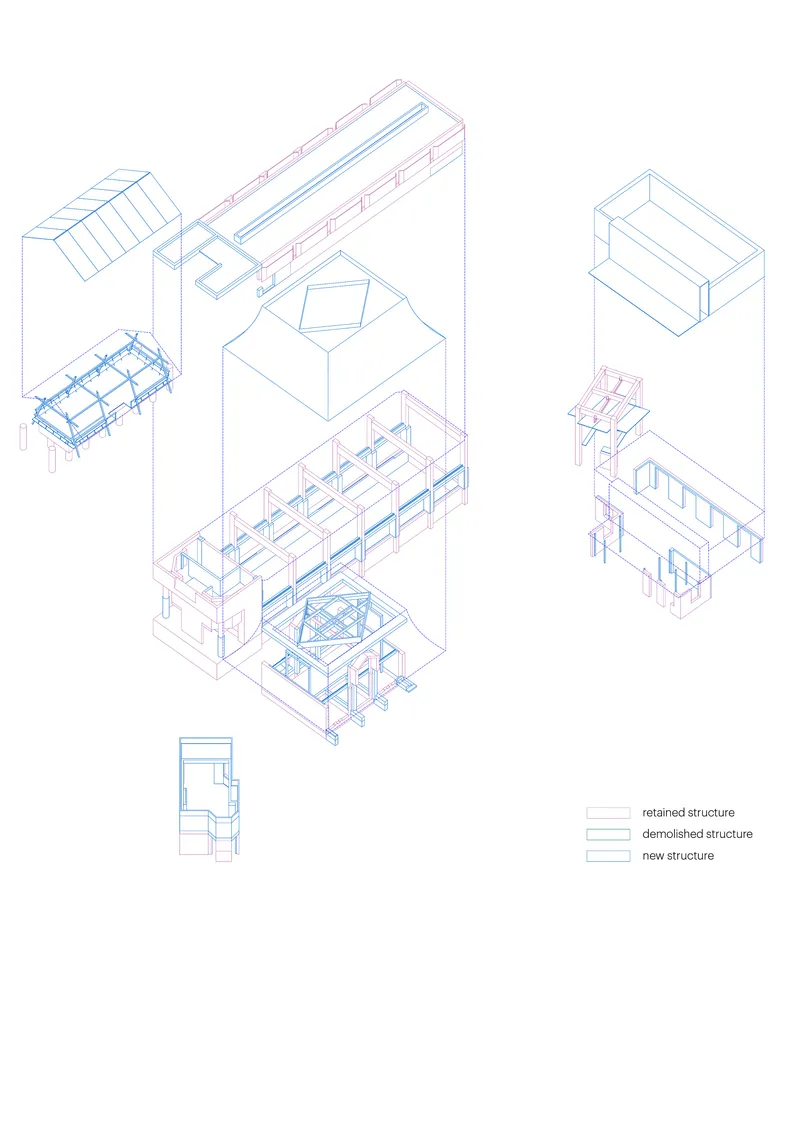 Exploded axonometric drawing displaying layered floor plates and roof structures in blue and purple linework