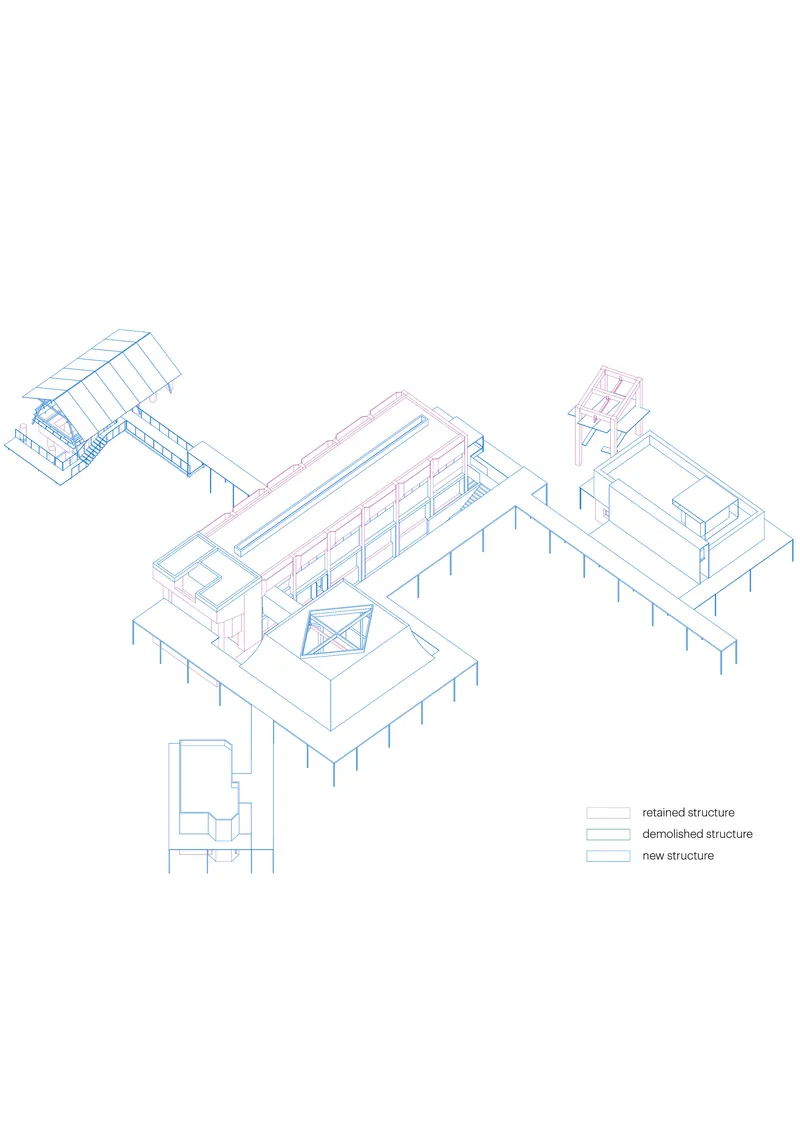 Axonometric drawing presenting assembled building volumes with raised floor platforms and central courtyard void