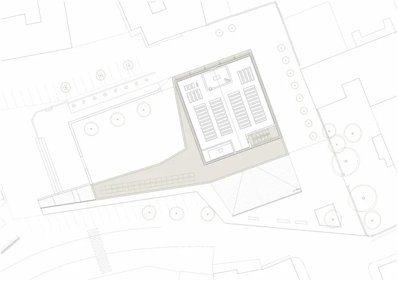 Floor plan drawing showing the building layout with worship hall and connecting entrance corridor