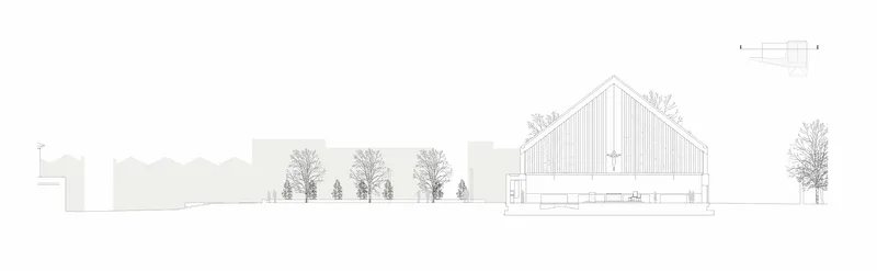 Elevation drawing showing a gabled volume with vertical cladding flanked by rows of bare deciduous trees