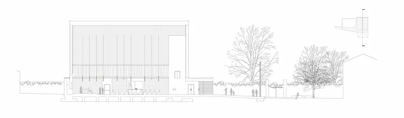 Section drawing depicting a tall gabled hall with exposed interior structure and adjacent bare trees