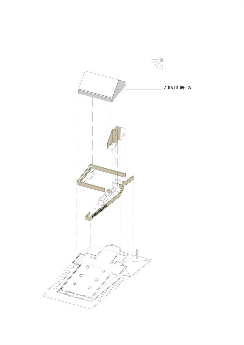 Exploded axonometric drawing illustrating three stacked levels including timber mezzanines and a ground floor plan