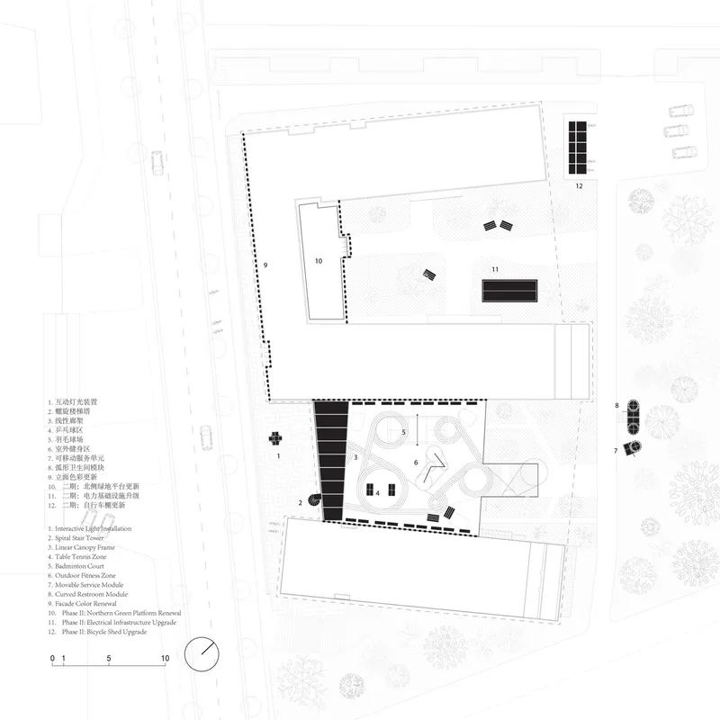 Site plan drawing showing two angled building volumes with courtyard and landscaped areas between them