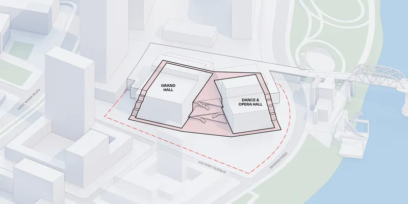 Axonometric site plan showing two halls linked by a central triangular lobby space