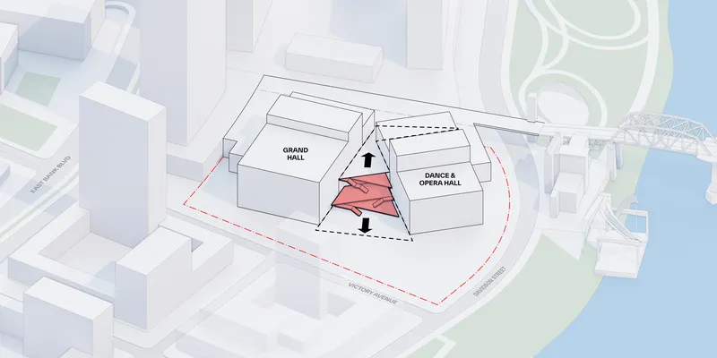 Diagram illustrating the middle height connector between grand hall and opera hall volumes
