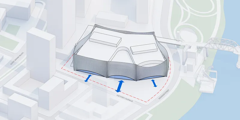 Diagram indicating entry points along the curved perimeter base of the building