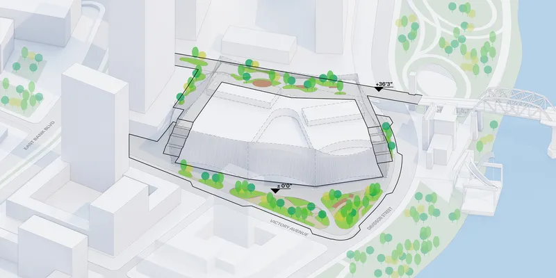 Site plan drawing showing a curved angular building with perimeter tree plantings adjacent to a waterfront
