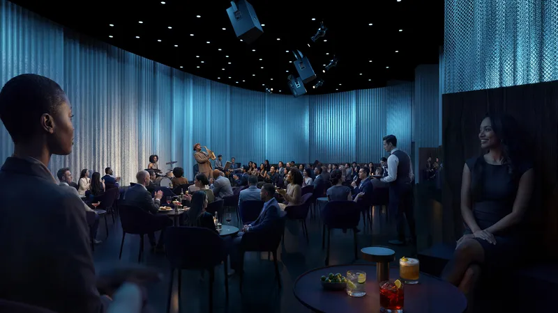 Banquet hall with translucent curtain walls, acoustic ceiling panels, and diners seated at dark tables