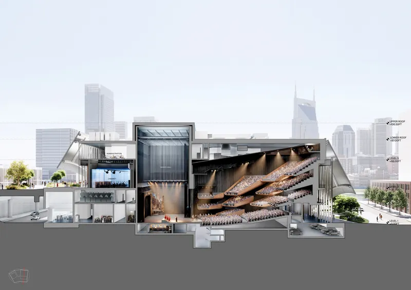 Section drawing revealing tiered auditorium, backstage areas, and public lobbies against a city backdrop