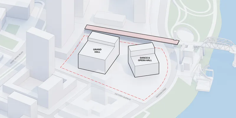 Axonometric diagram showing a linear canopy element extending over the two hall volumes