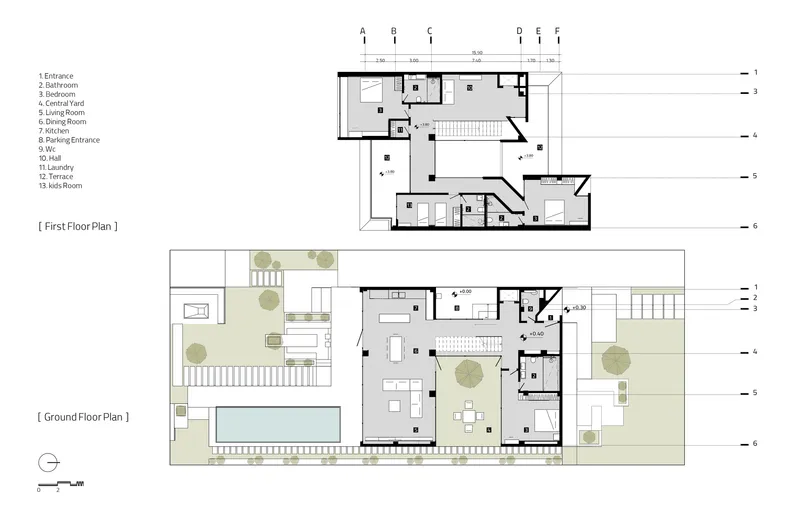 Ground and first floor plan drawings showing room layouts with courtyard pool and terraces