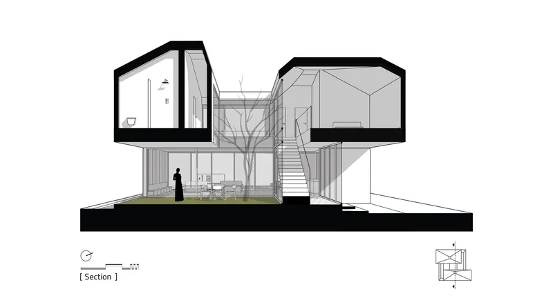 Section drawing showing two stacked volumes connected by a central stair around a tree