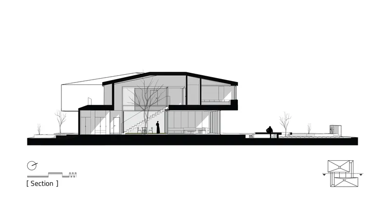 Section drawing showing the residence with trees on either side and figures on the ground plane