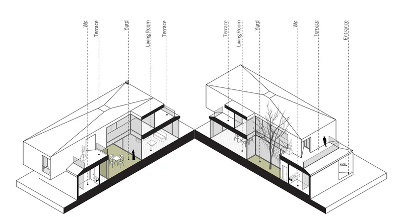 Axonometric drawing showing two angled wings with central courtyard space and a tree